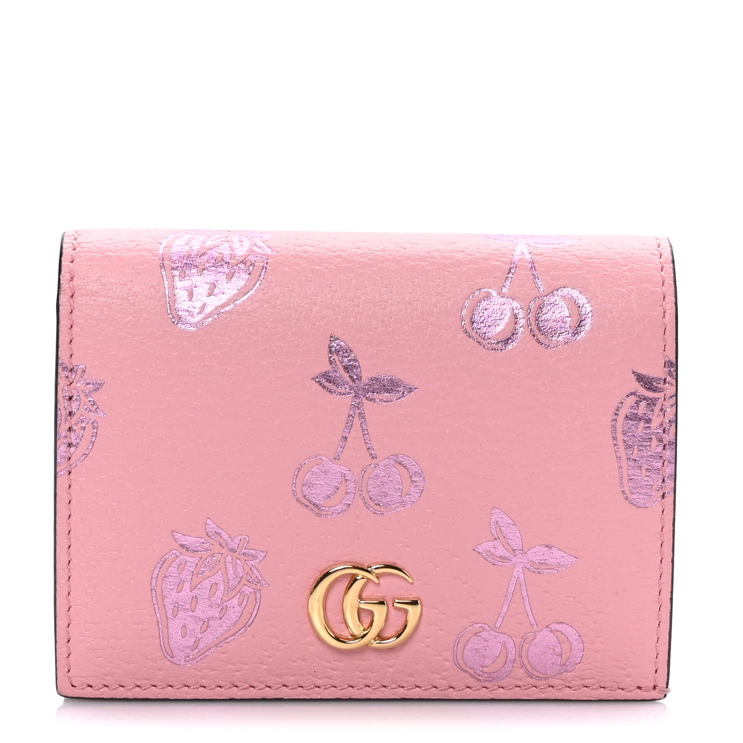 Gucci Textured Dollar Calfskin Berry Print GG Marmont Card Case Pink Purple 1 of 6