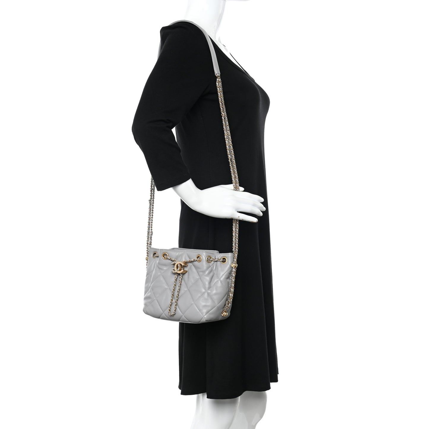 Lambskin Quilted Crush on Chains Drawstring Bucket Bag Hobo Grey