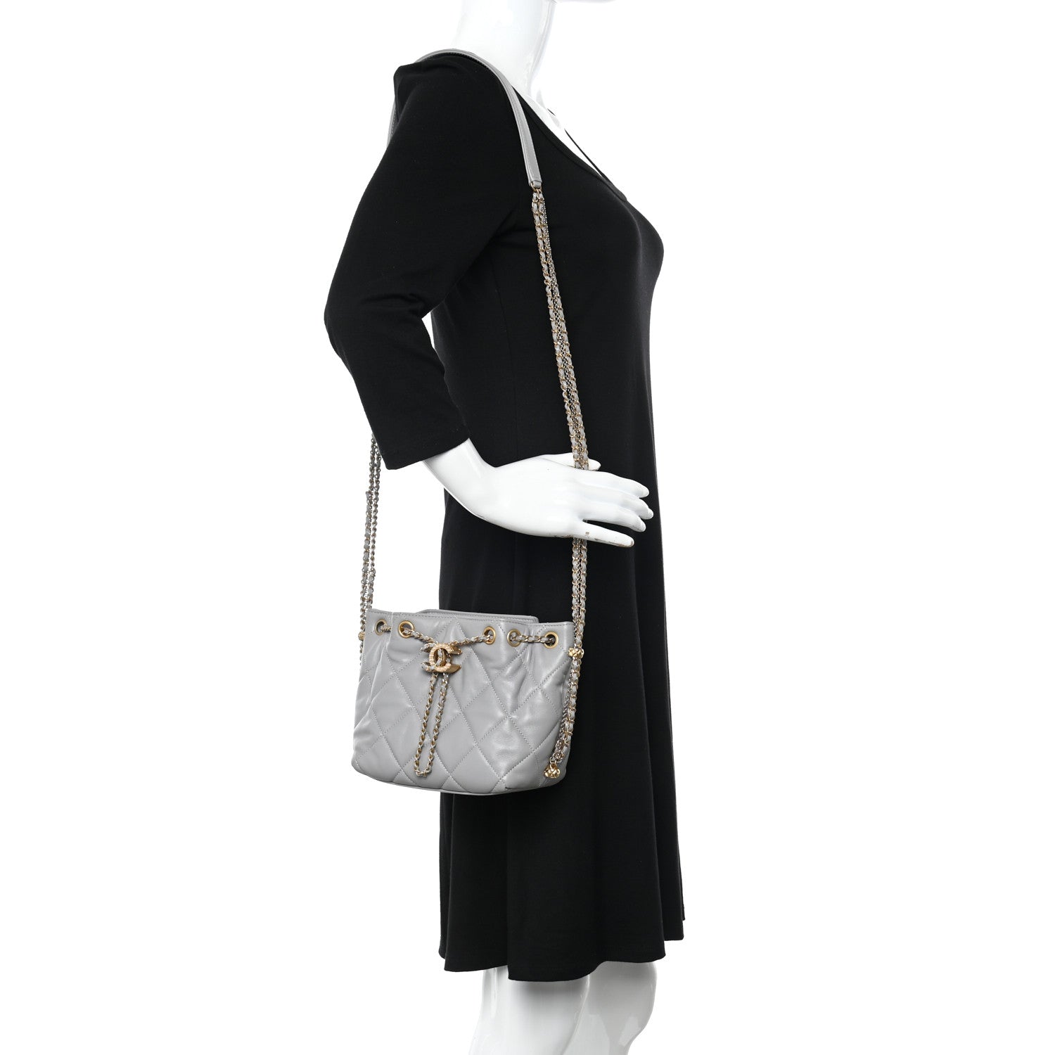 Chanel Lambskin Quilted Crush on Chains Drawstring Bucket Bag Hobo Grey 2 of 12