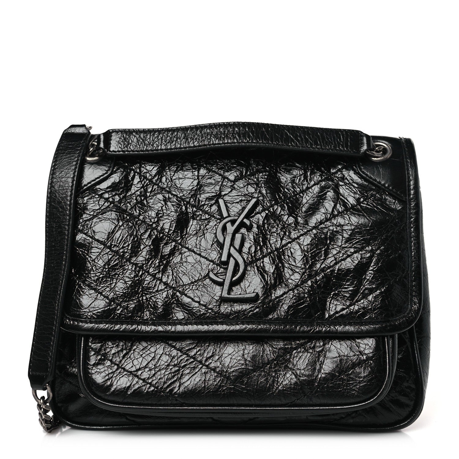 Saint Laurent Crinkled Calfskin Matelasse Monogram Baby Niki Chain Satchel Black 1 of 9