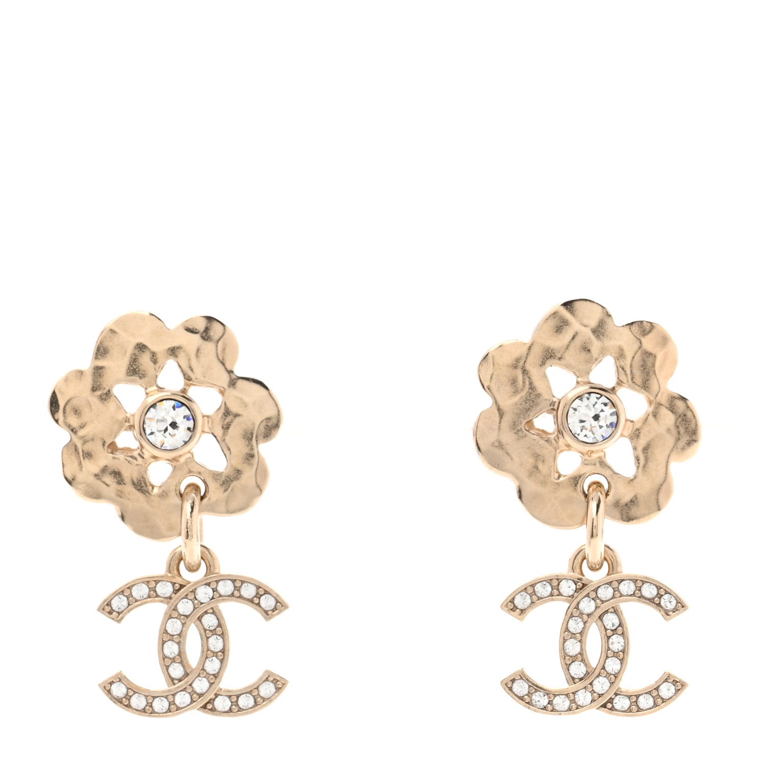 Chanel Crystal CC Flower Drop Earrings Gold 1 of 5