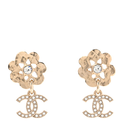 Chanel Crystal CC Flower Drop Earrings Gold 1 of 5