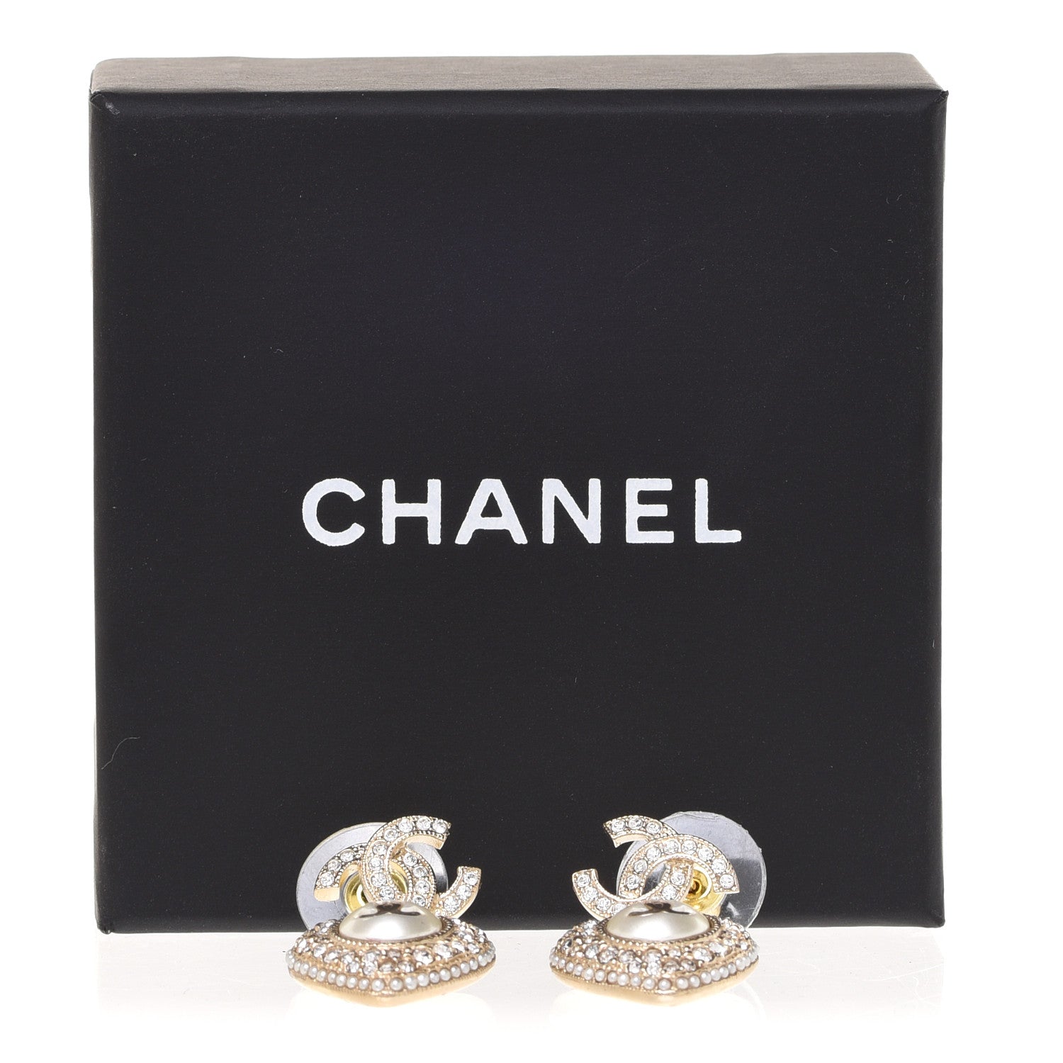 Chanel Pearl Crystal CC Heart Drop Earrings Gold White 5 of 5
