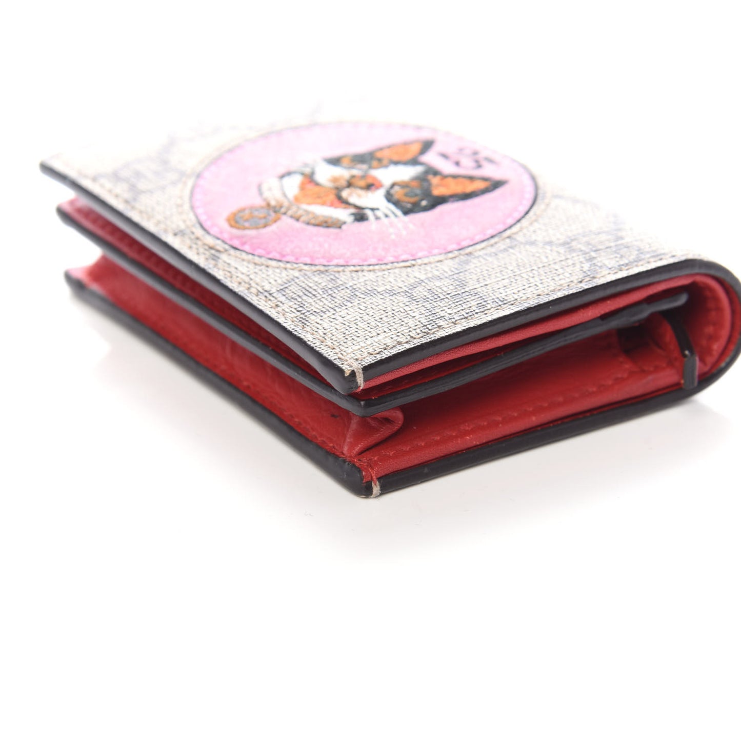 GG Supreme Monogram Bosco Patch Card Case Wallet Beige Malva Hibiscus Red