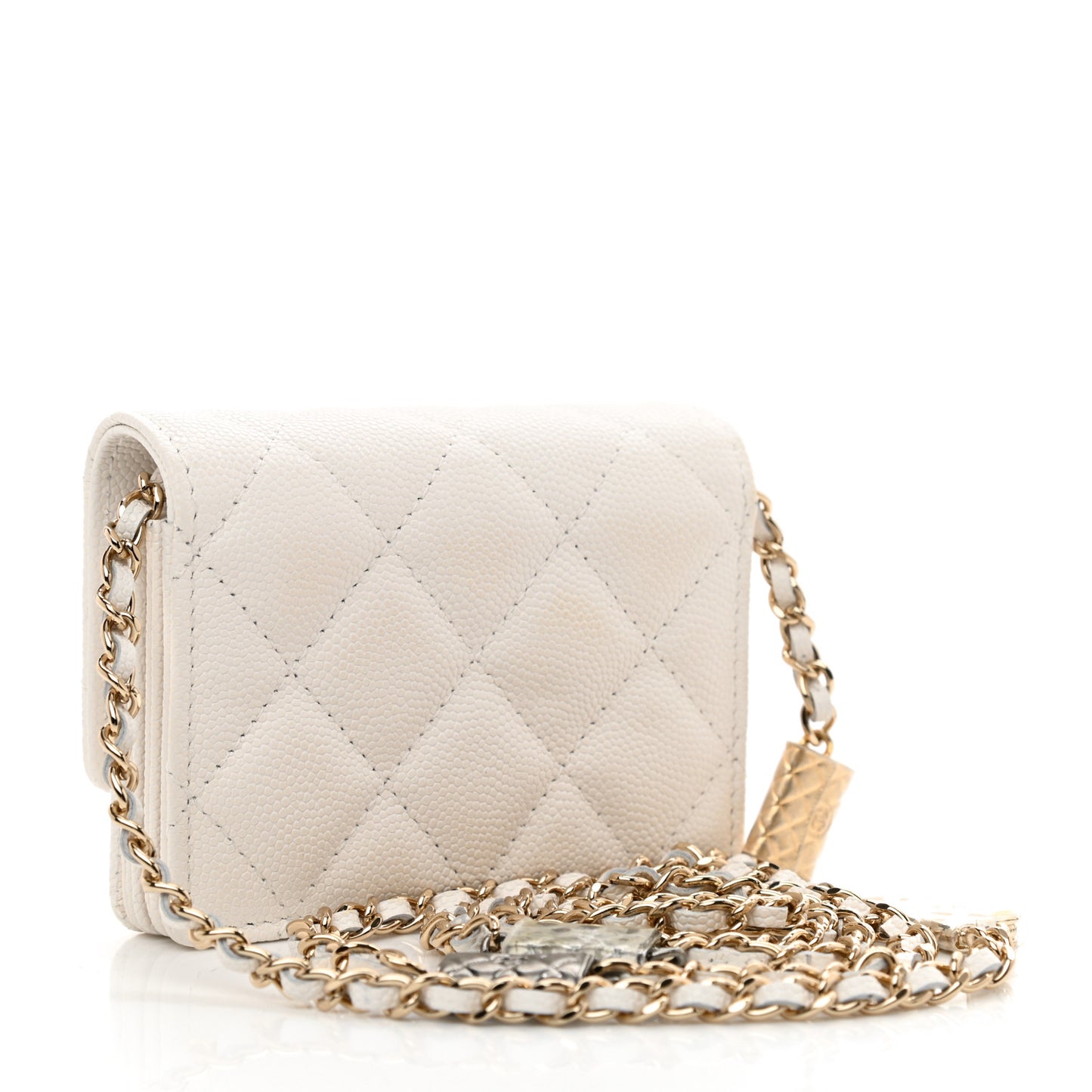 Caviar Quilted Belt Bag With Charms On Chain White