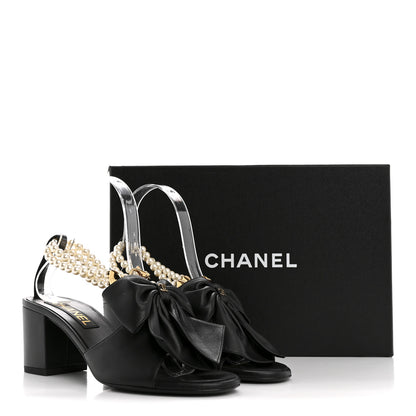Chanel Lambskin Pearl Bow CC Ankle Strap Sandals 37 Black 10 of 10