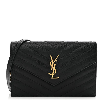 Saint Laurent Grain De Poudre Matelasse Chevron Monogram Envelope Chain Wallet Black 1 of 10
