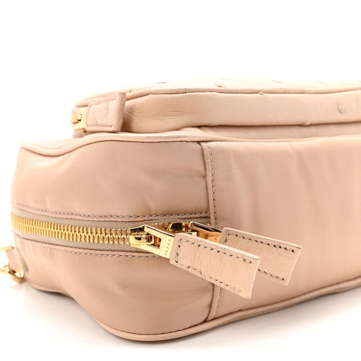 Re-Nylon Ostrich Bauletto Bag Cammeo