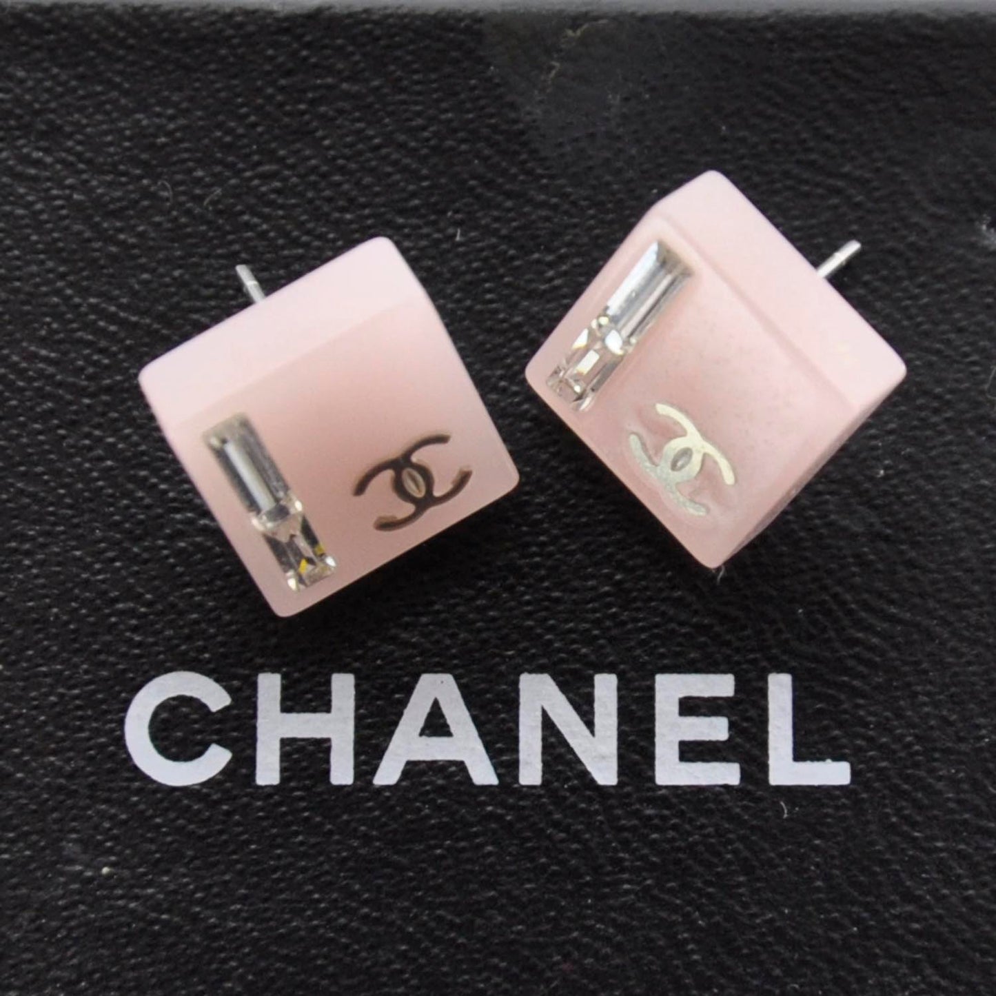 Resin Baguette Crystal Geometric Square CC Earrings Pink