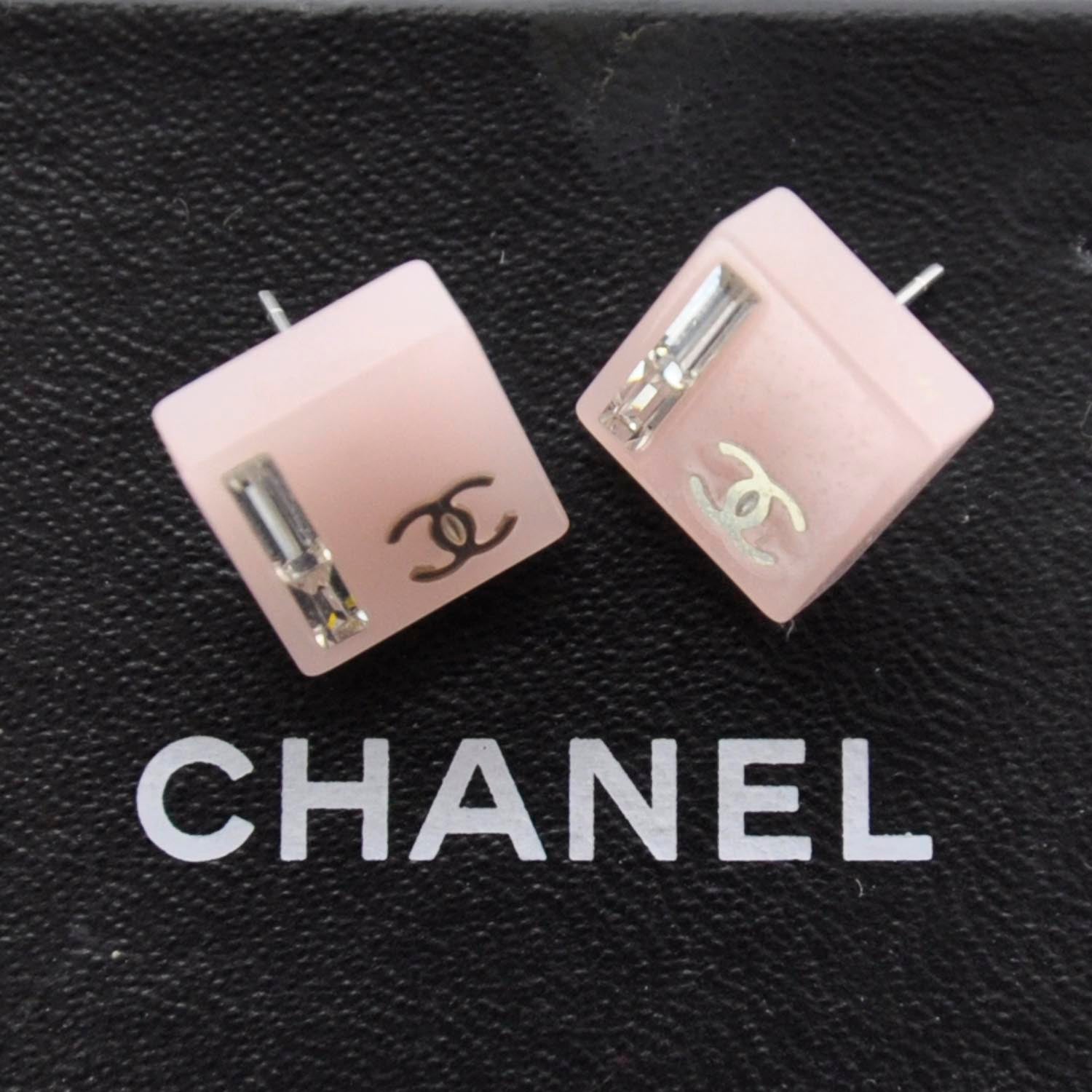 Chanel Resin Baguette Crystal Geometric Square CC Earrings Pink 5 of 6