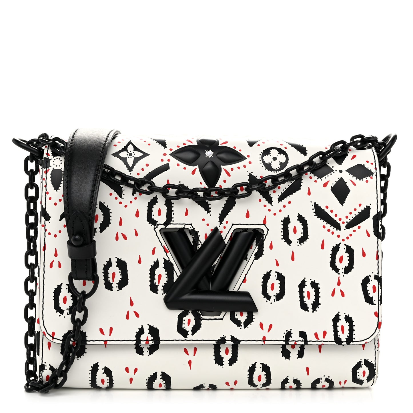Calfskin Graphic Print Twist Shoulder Bag MM White Black
