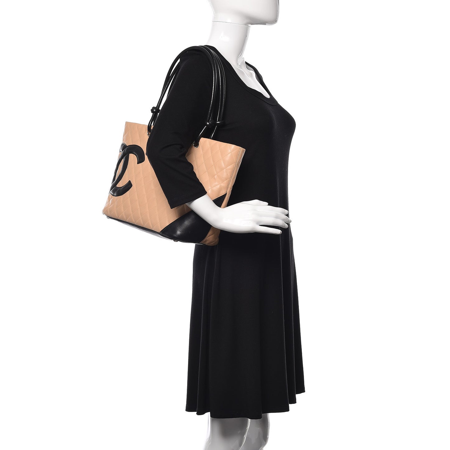 Calfskin Quilted Large Cambon Tote Beige Black