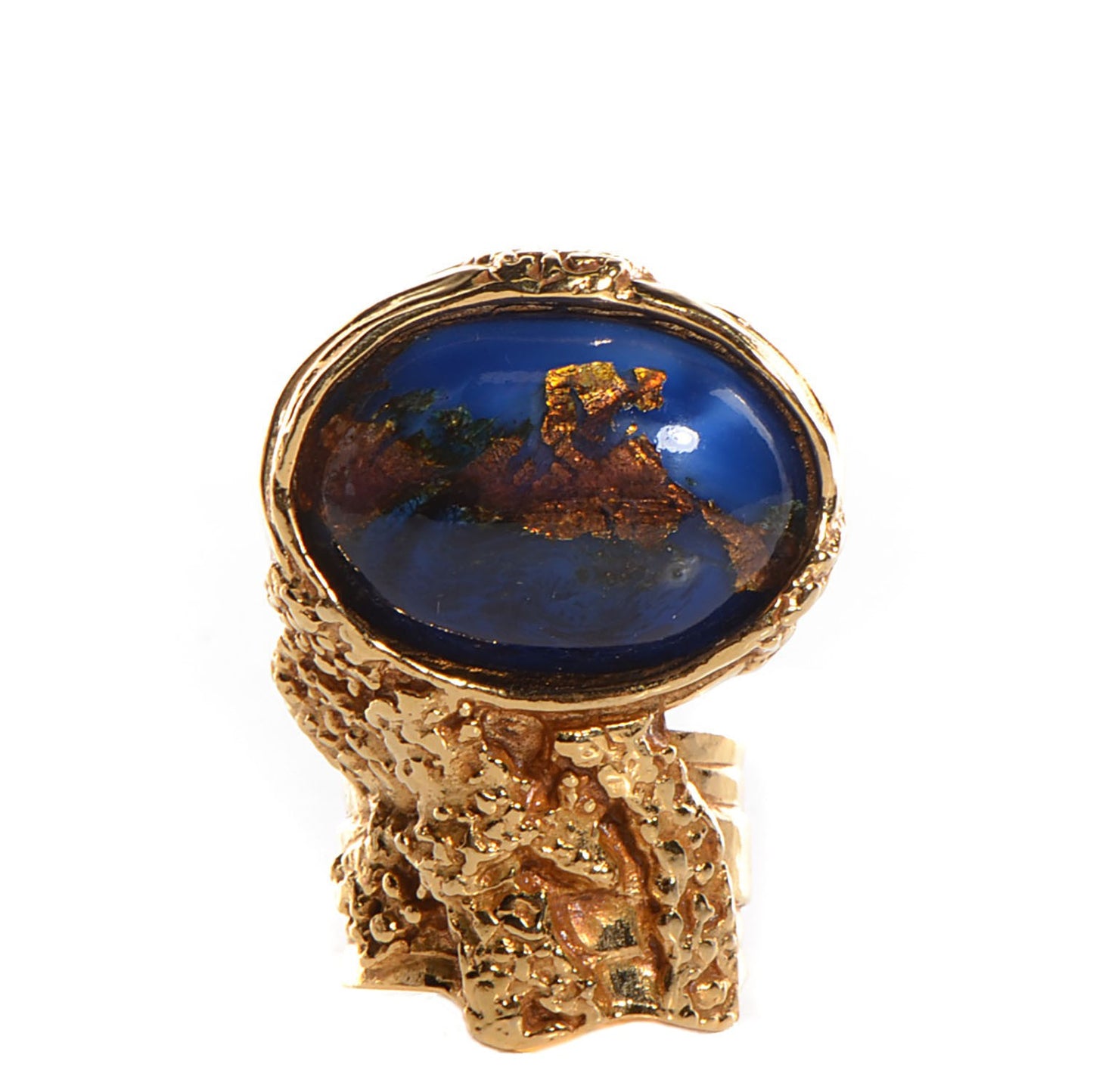Glass Cabochon Arty Ovale Ring 7 Blue Gold