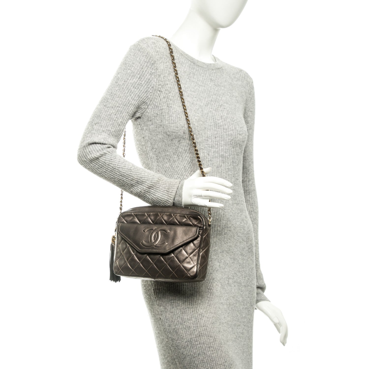 Chanel Metallic Lambskin Quilted Tassel Camera Case Dark Silver 2 of 9