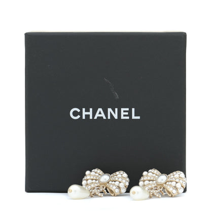 Chanel Crystal Pearl CC Bow Drop Earrings Gold Pearly White 5 of 5
