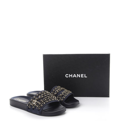 Chanel Lambskin Canvas Chain Flat Sandals 41 Marine 11 of 11