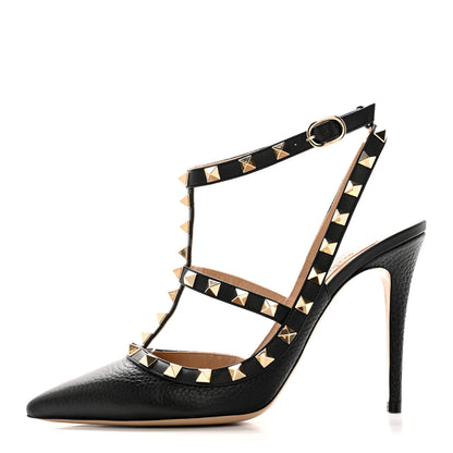 Valentino Garavani Pebbled Calfskin Rockstud Ankle Strap 100mm Pumps 37.5 Black 1 of 18