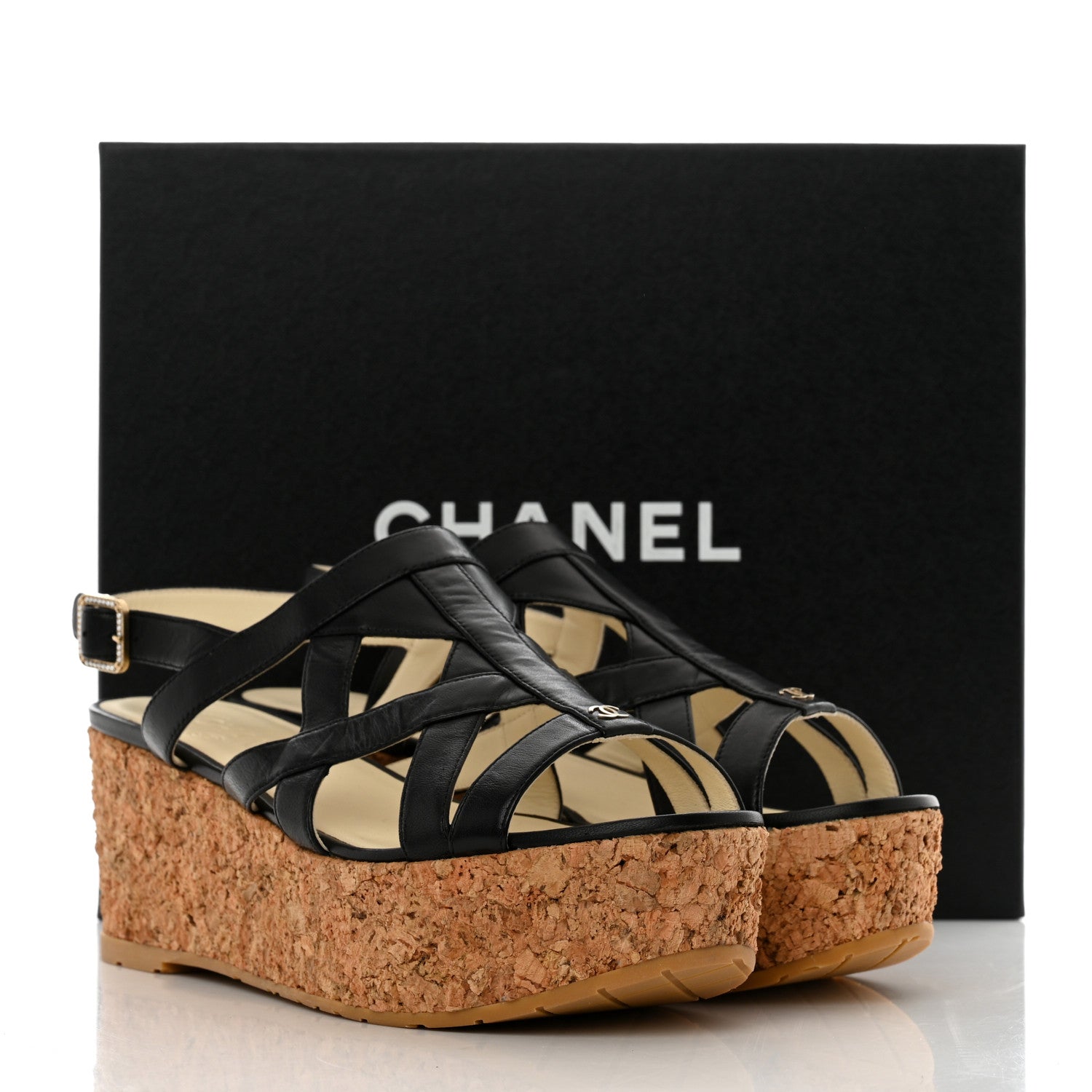 Chanel Lambskin Cork Pearl CC Platform Sandals 40 Black 10 of 10