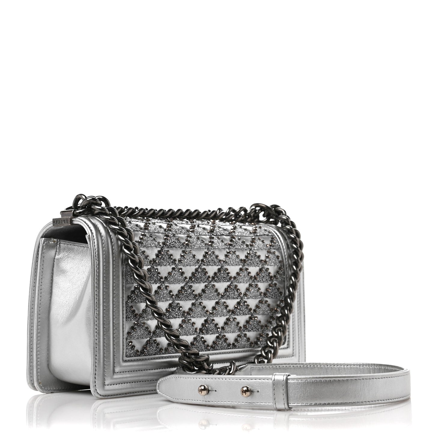 Metallic Lambskin Embellished Medium Boy Flap Silver