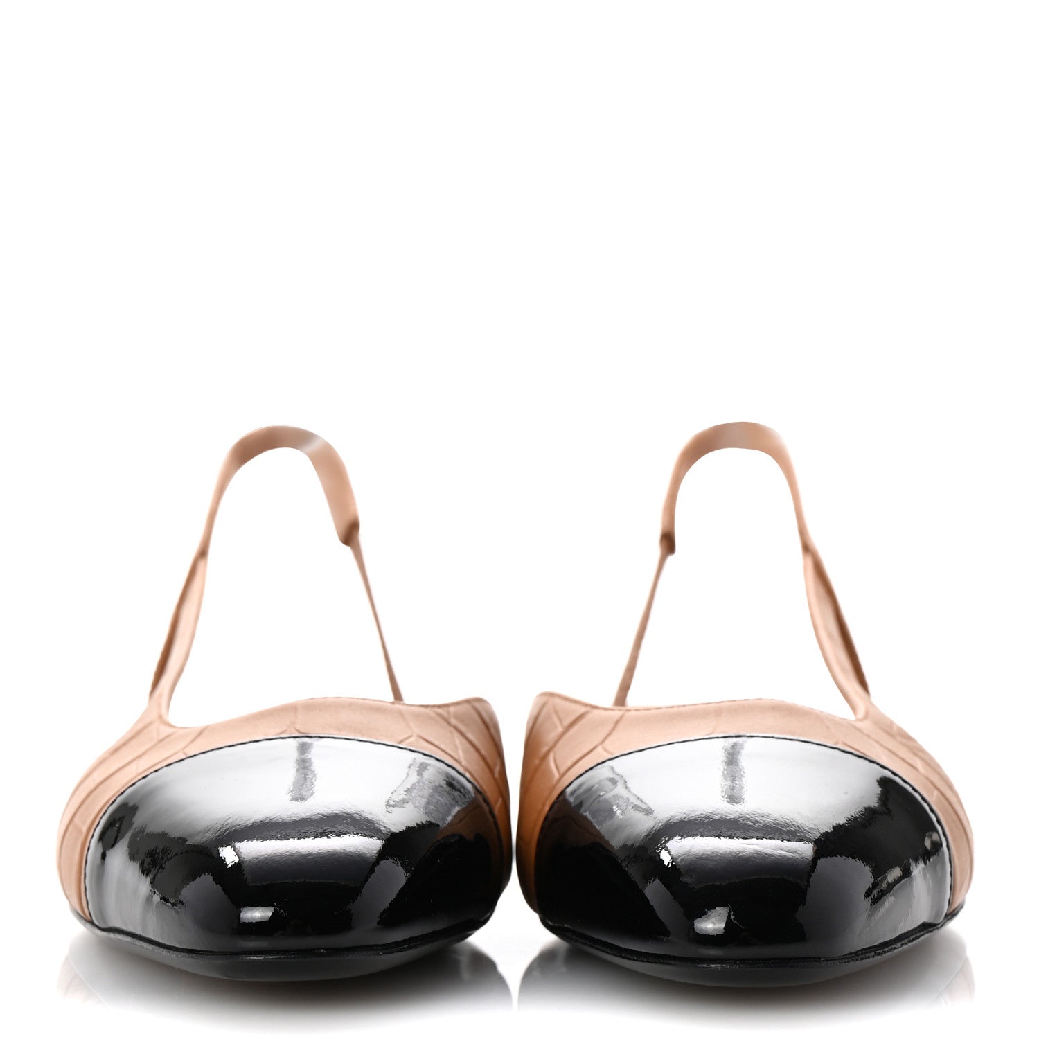 Chanel Calfskin Crocodile Embossed Patent Cap Toe CC Slingback Flats 37 Light Brown Black 3 of 10