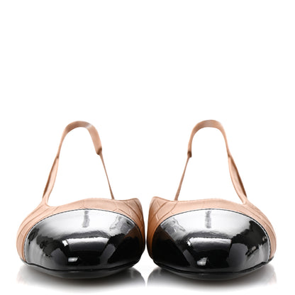 Chanel Calfskin Crocodile Embossed Patent Cap Toe CC Slingback Flats 37 Light Brown Black 3 of 10