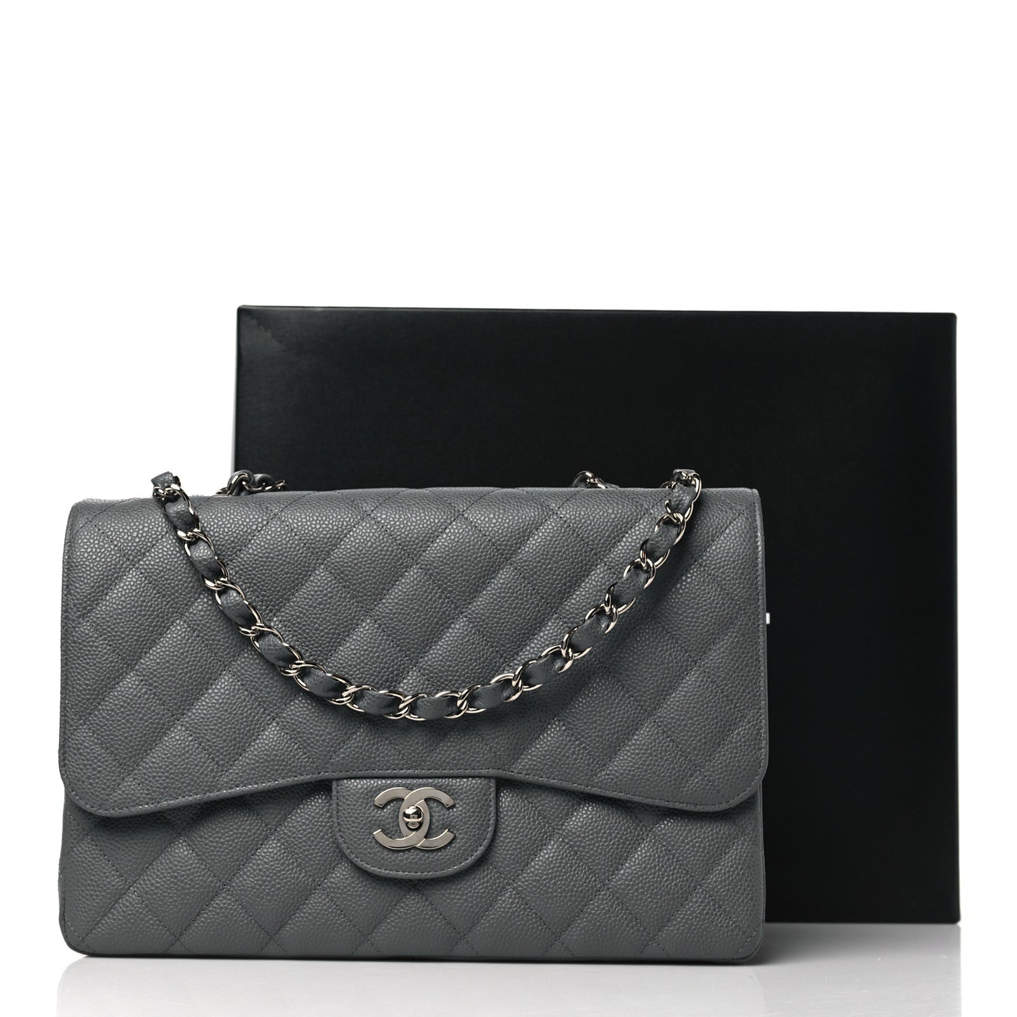 Caviar Quilted Jumbo Single Flap Grey