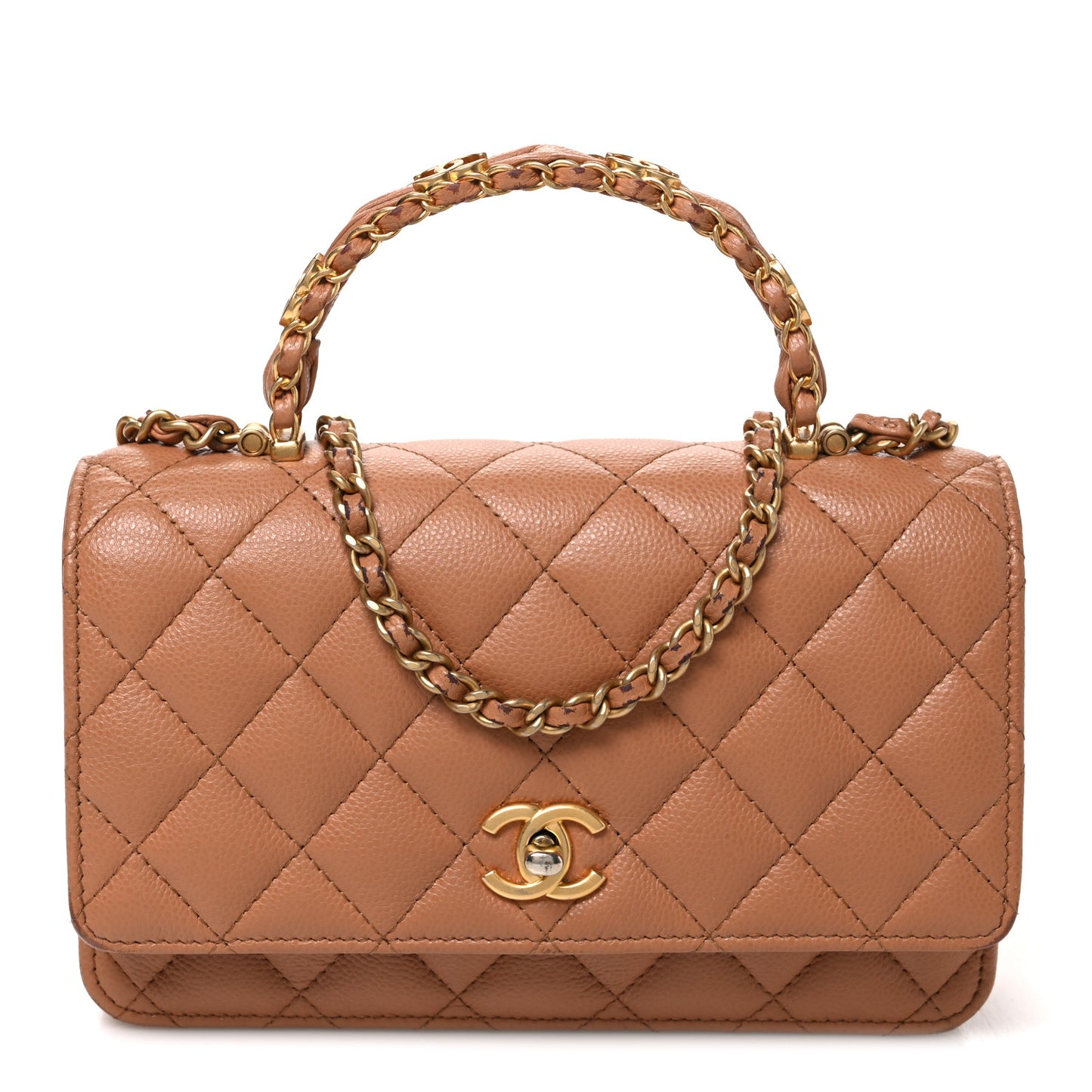 Shiny Caviar Quilted Pick Me Up Wallet On Chain WOC Beige