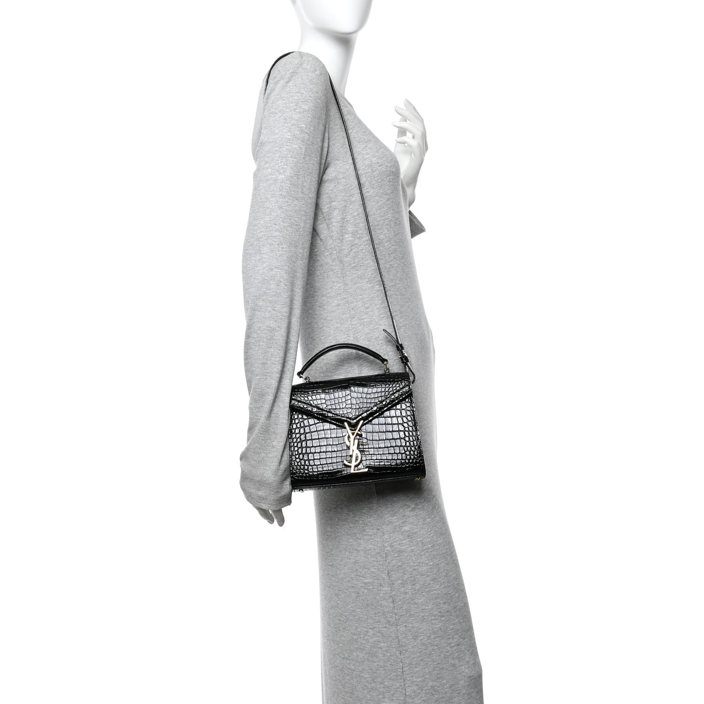 Calfskin Crocodile Embossed Mini Classic Monogram Cassandra Top Handle Black