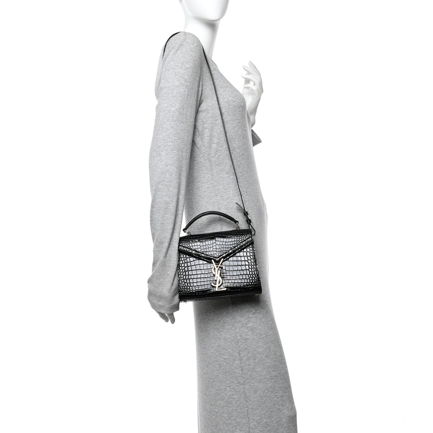 Saint Laurent Calfskin Crocodile Embossed Mini Classic Monogram Cassandra Top Handle Black 2 of 9