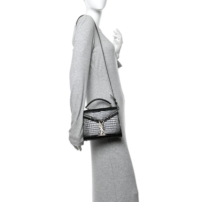 Saint Laurent Calfskin Crocodile Embossed Mini Classic Monogram Cassandra Top Handle Black 2 of 9