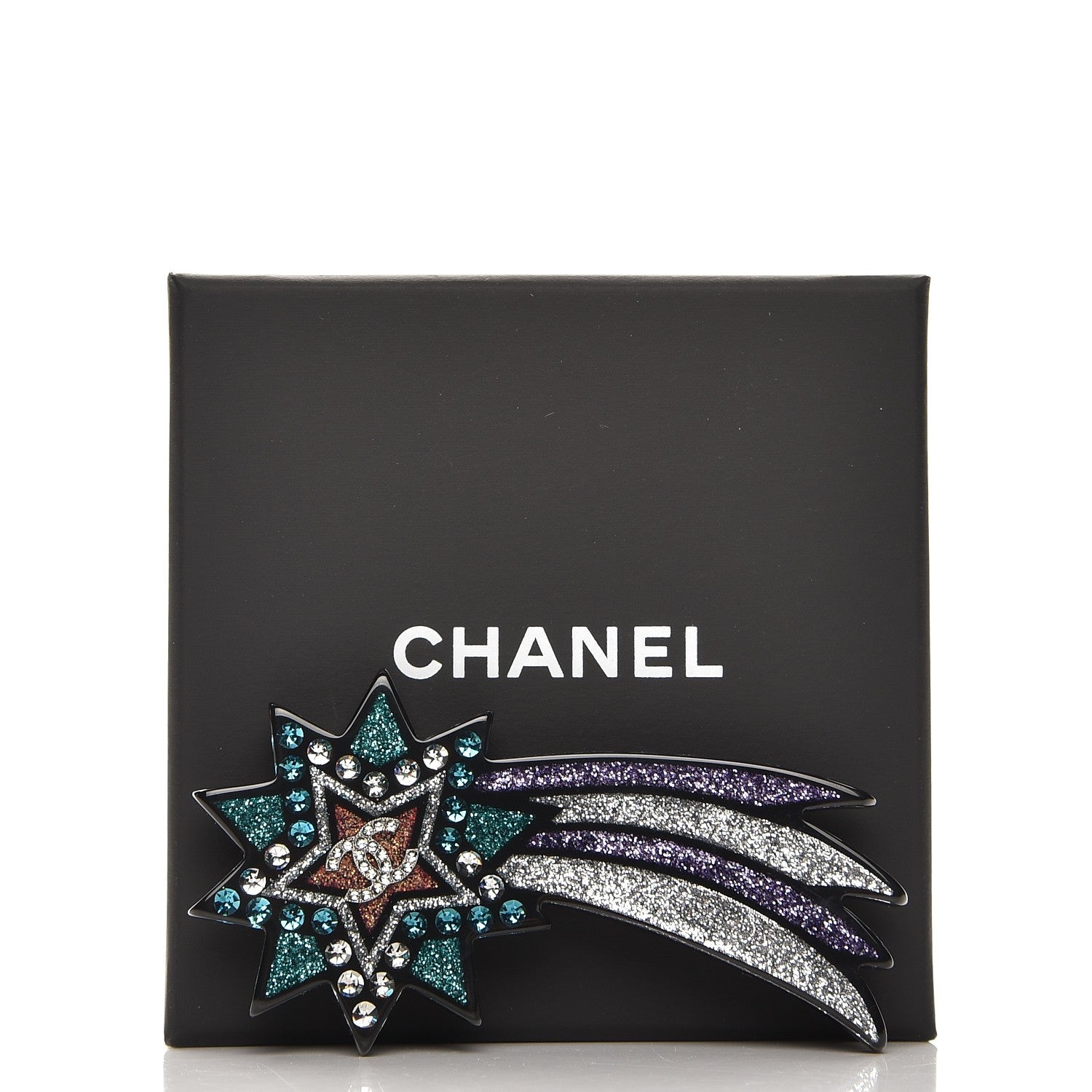 Chanel Glitter Resin CC Shooting Star Brooch Black Purple Green 5 of 5