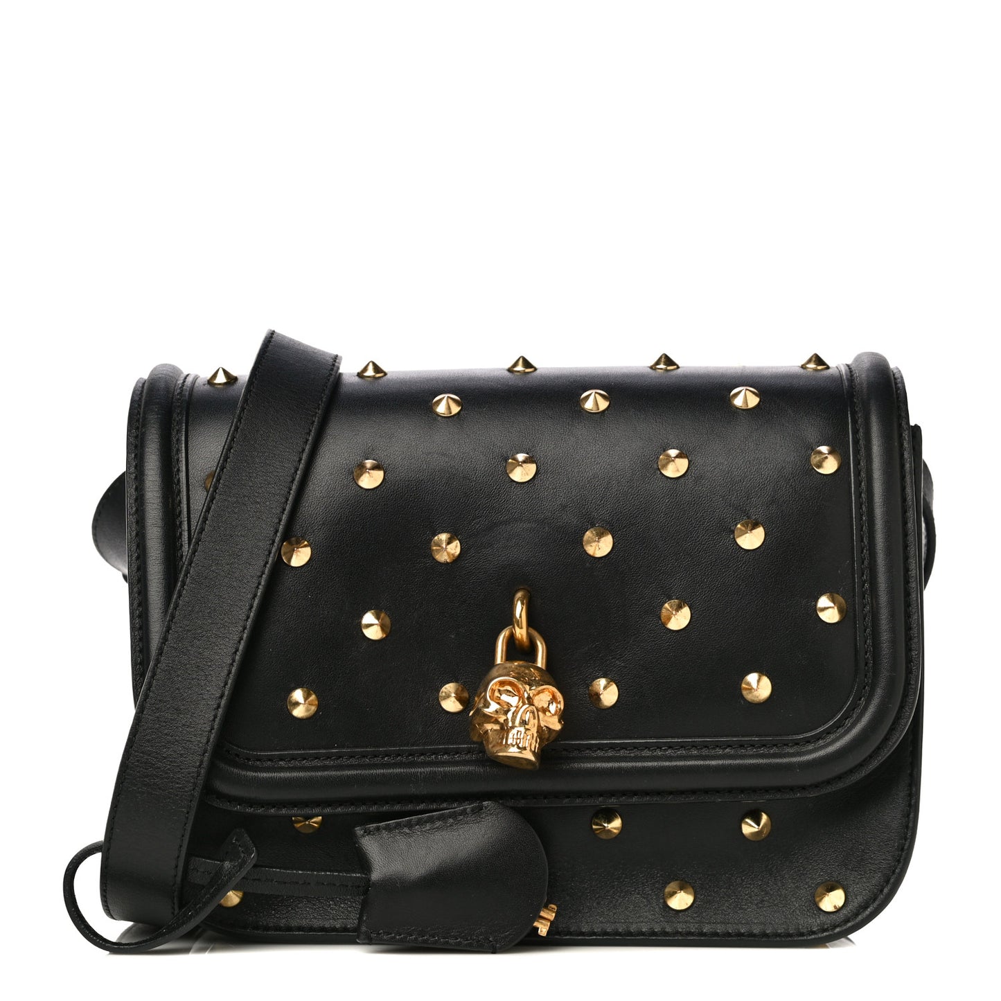 Calfskin Studded Small Padlock Crossbody Bag Black