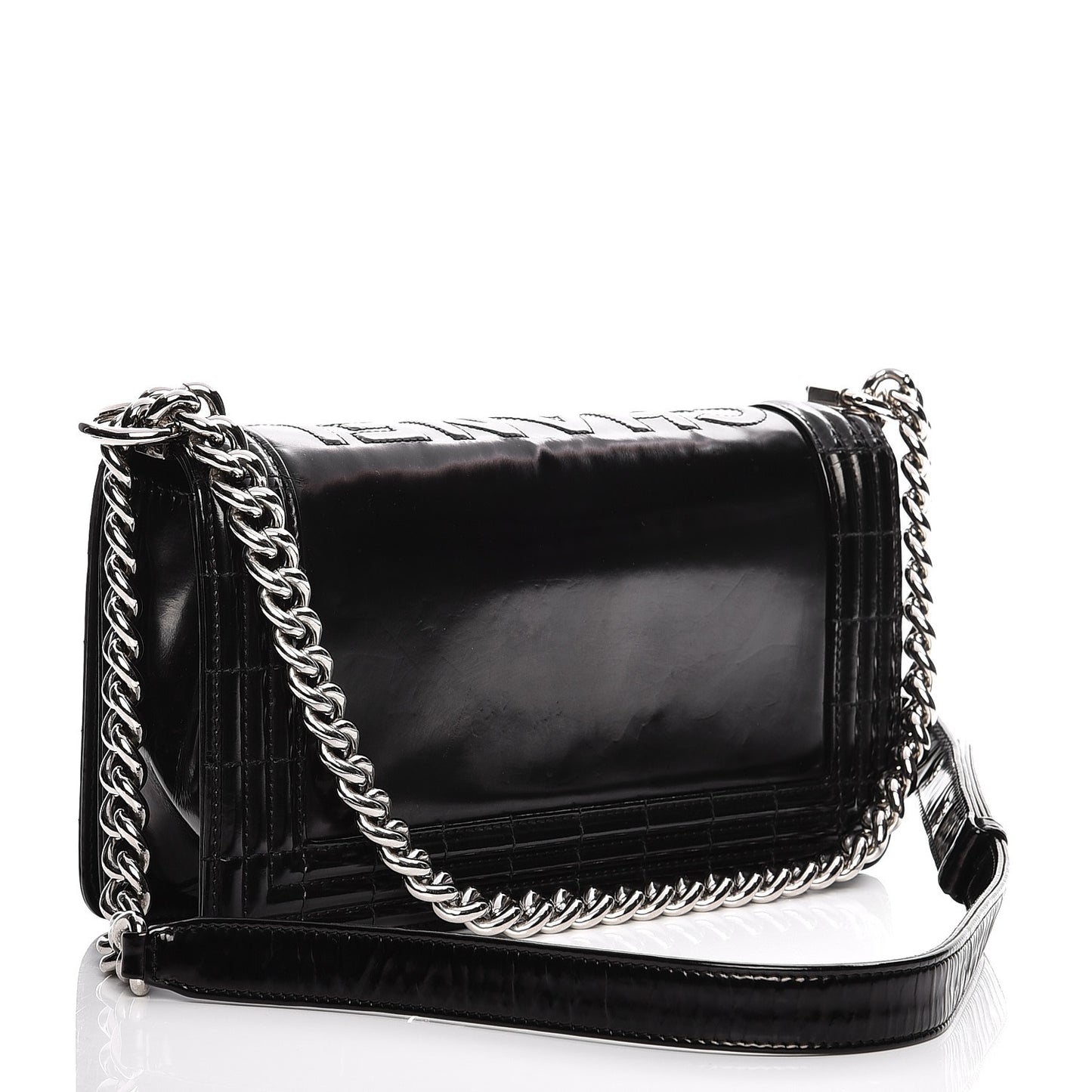 Glazed Calfskin Medium Boy Flap Black
