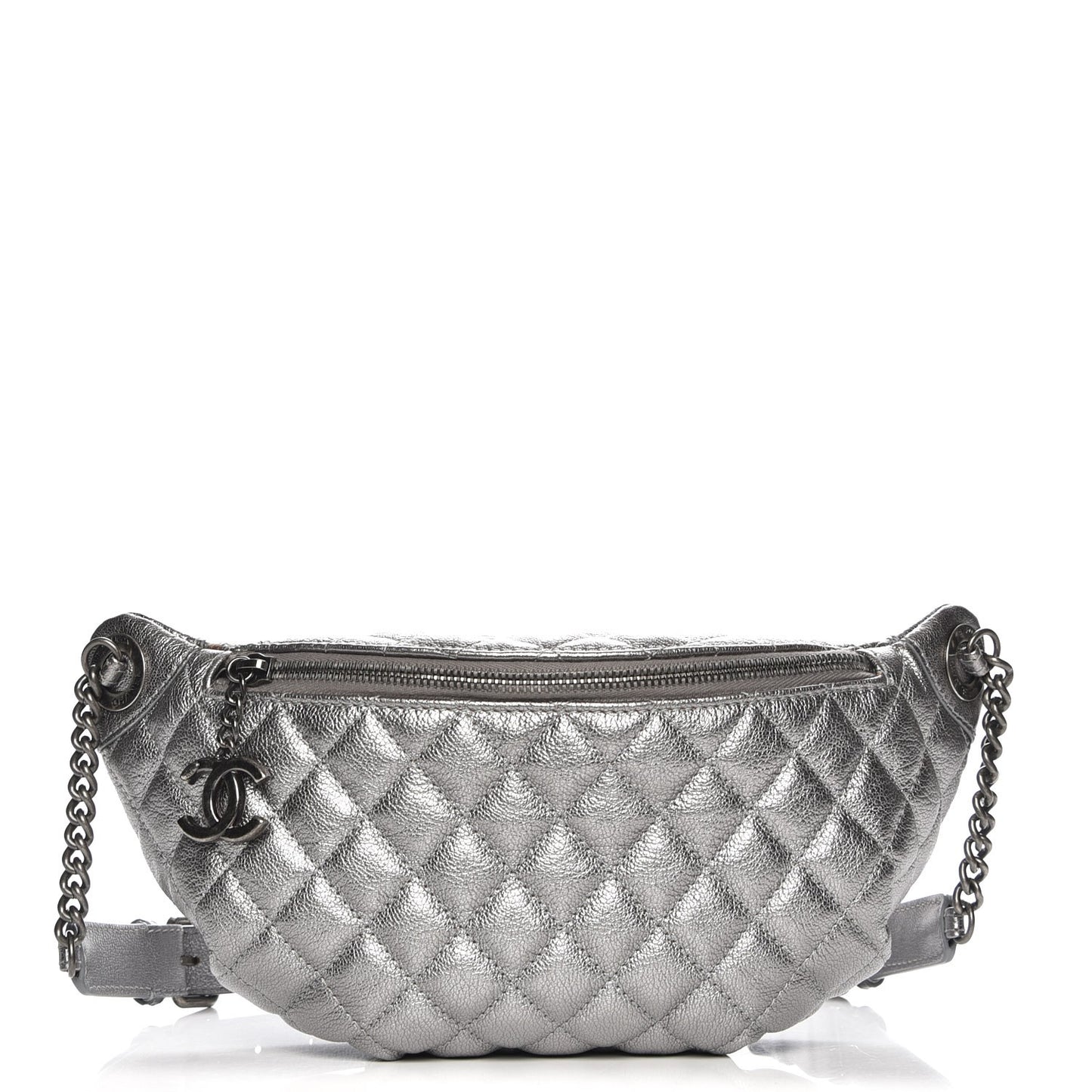 Metallic Goatskin Quilted Banane Waist Bag Fanny Pack Silver