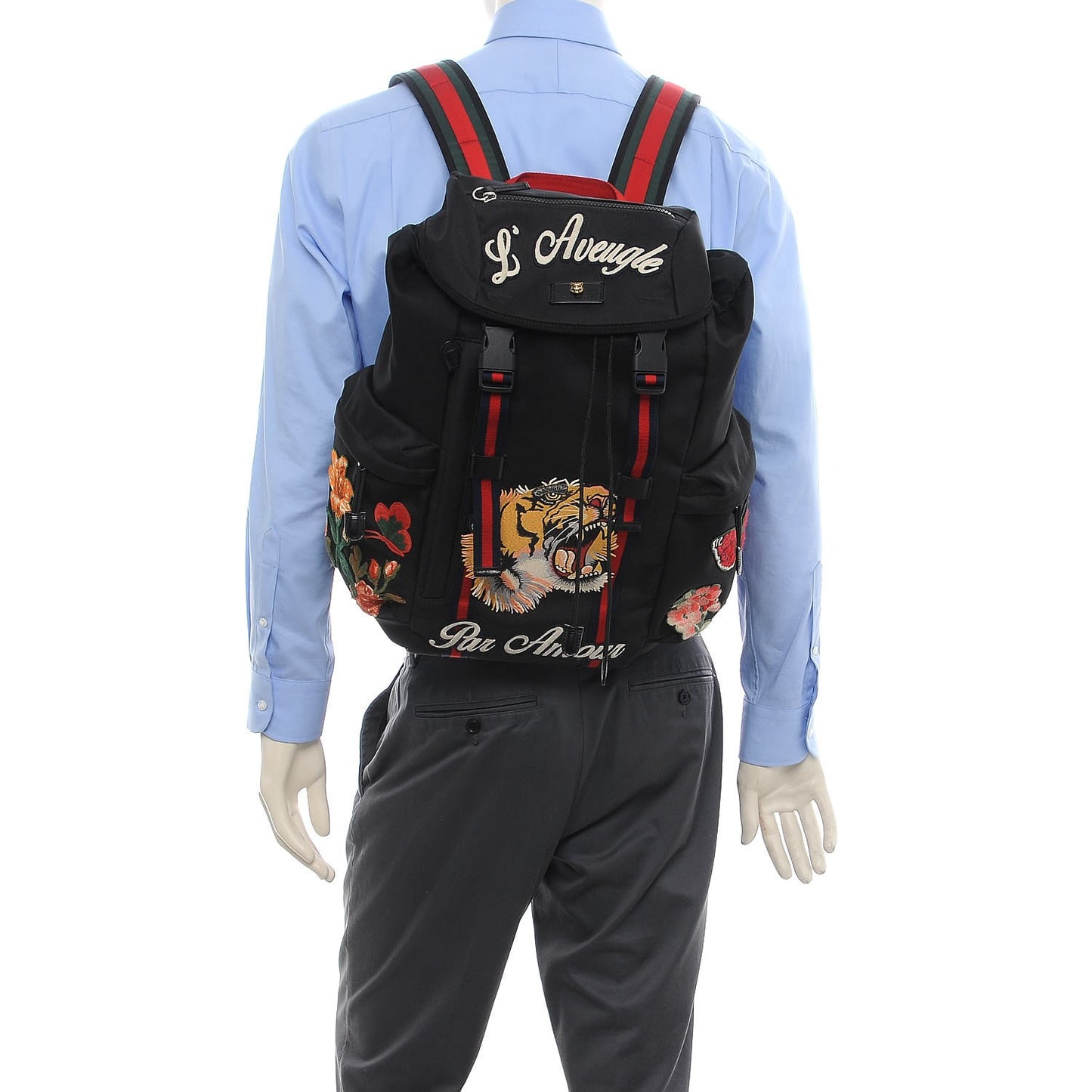 Techno Canvas Web L'Aveugle Par Amour Embroidered Double Buckle Backpack Black