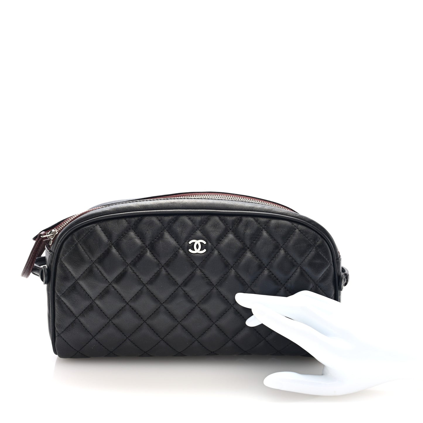Lambskin Quilted Large Curvy Pouch Cosmetic Case Black