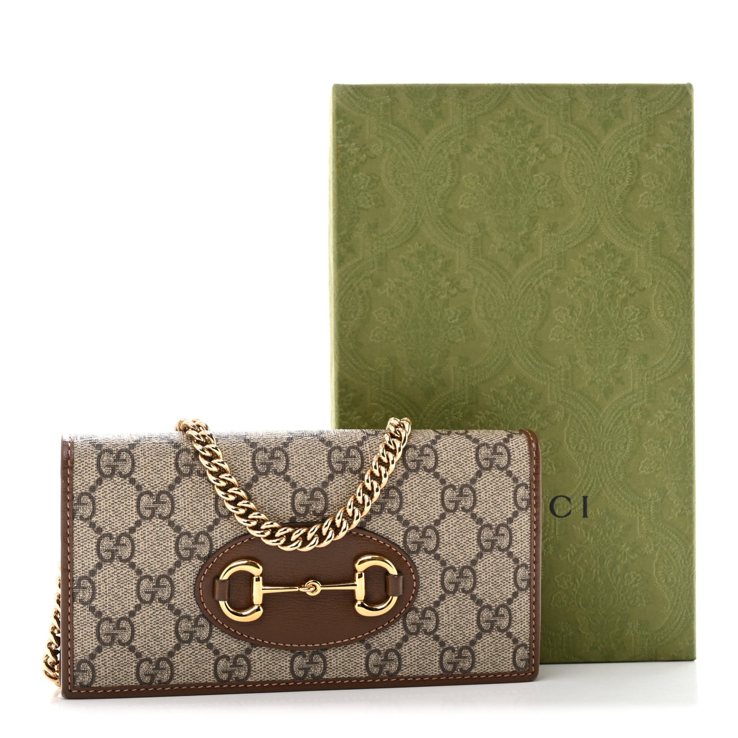GG Supreme Monogram Azalea Calfskin Horsebit 1955 Wallet On Chain Beige Ebony Brown Sugar