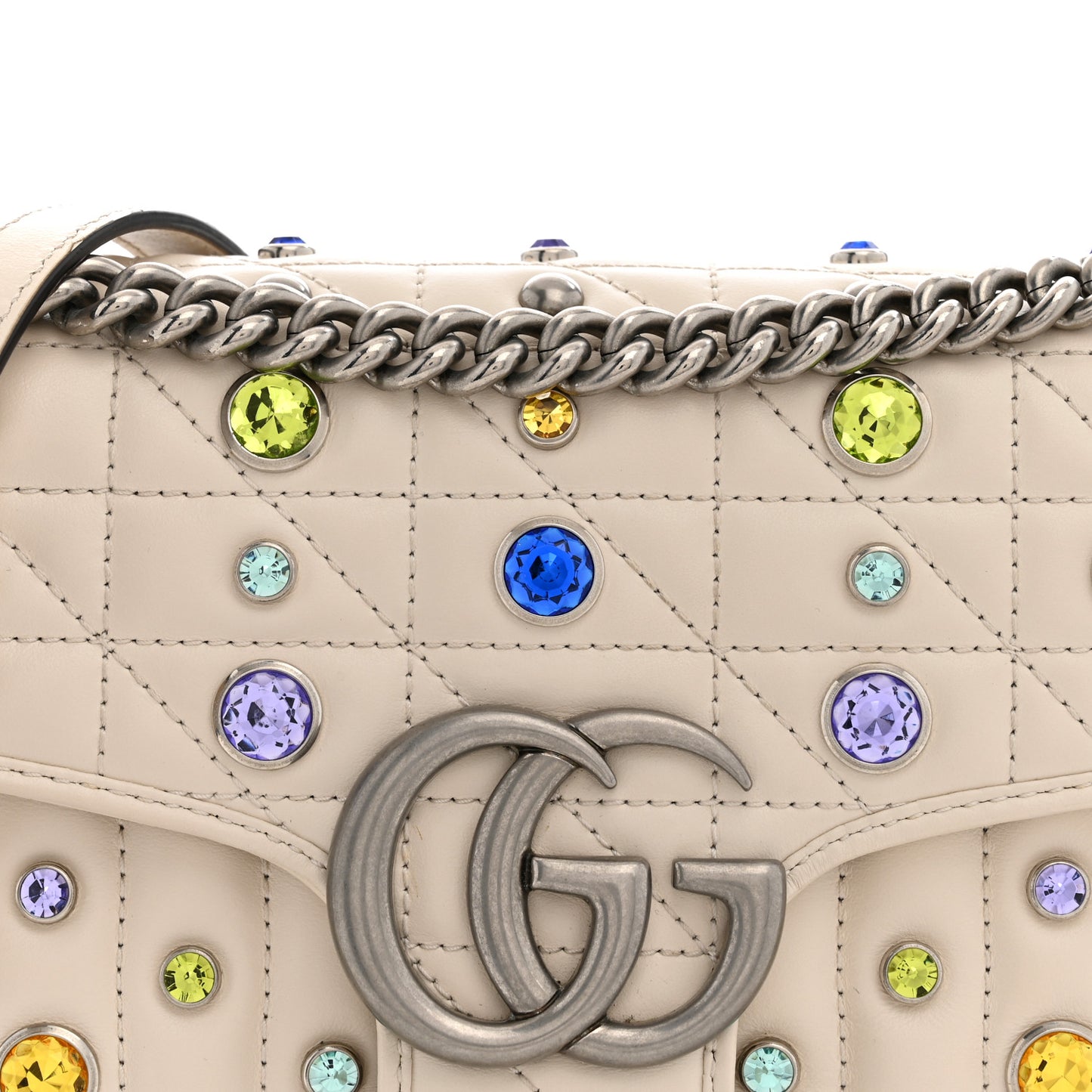 Calfskin Crystal Matelasse Aria Small GG Marmont Shoulder Bag Mystic White Multicolor