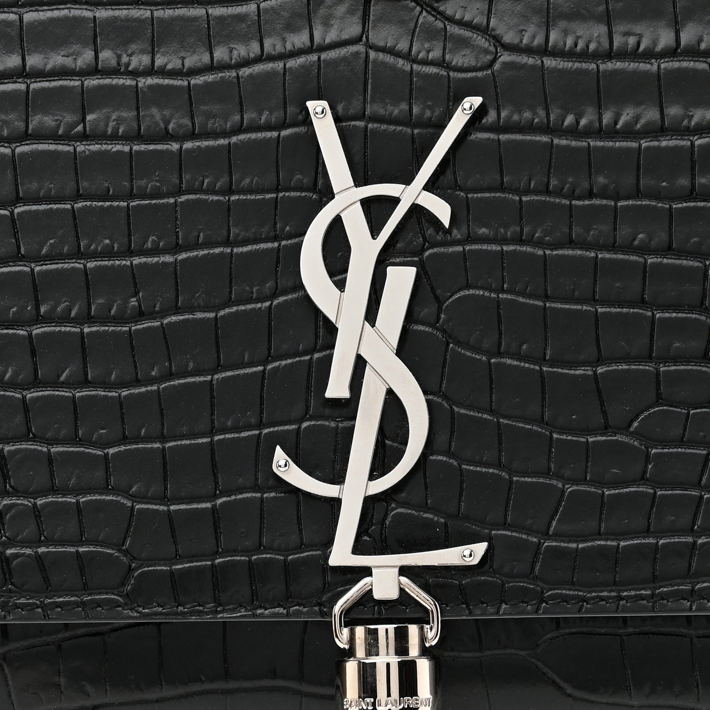 Calfskin Crocodile Embossed Medium Classic Monogram Kate Tassel Satchel Black