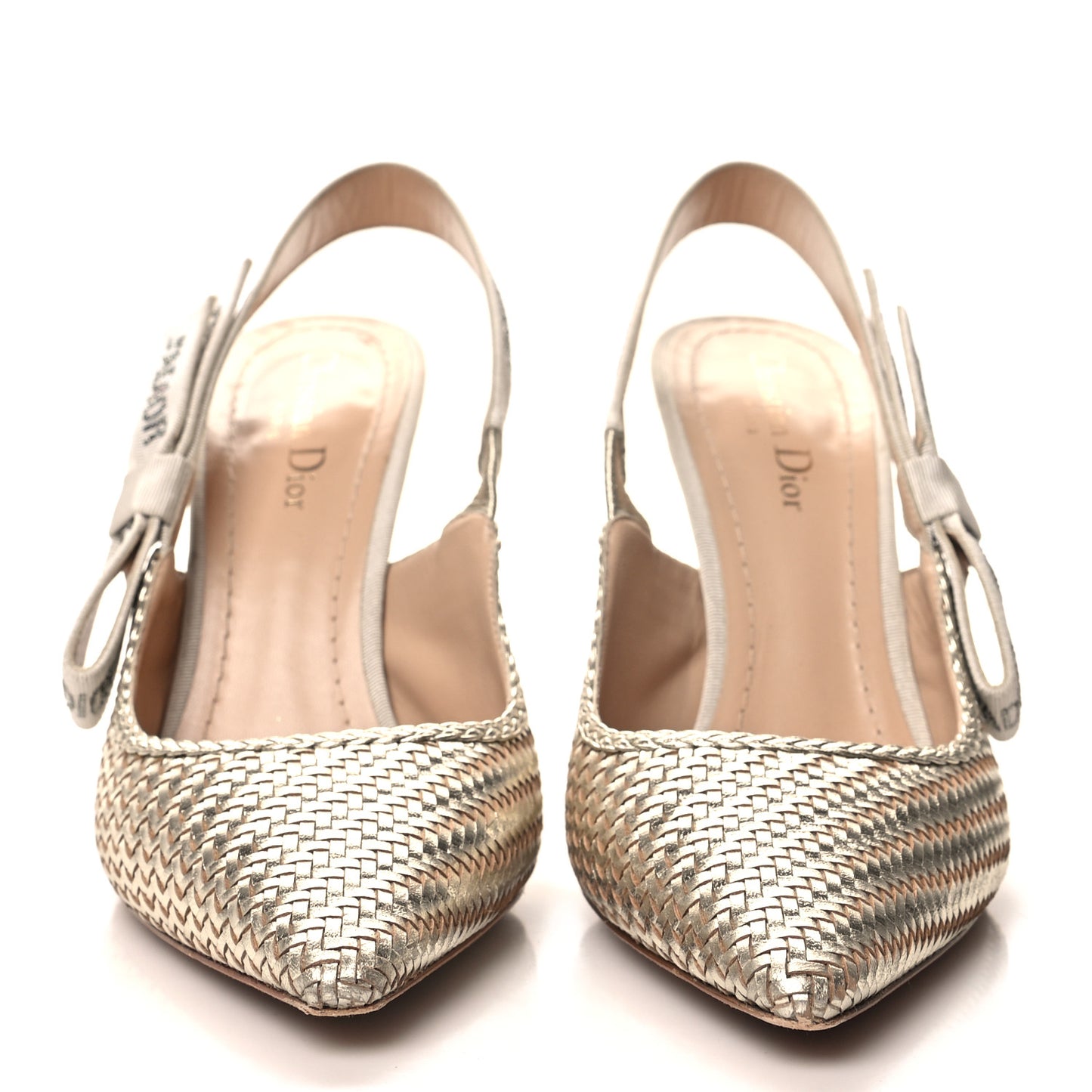 Laminated Calfskin Ribbon Crystal Woven J'Adior Slingback 100mm Pumps 40 Pale Gold
