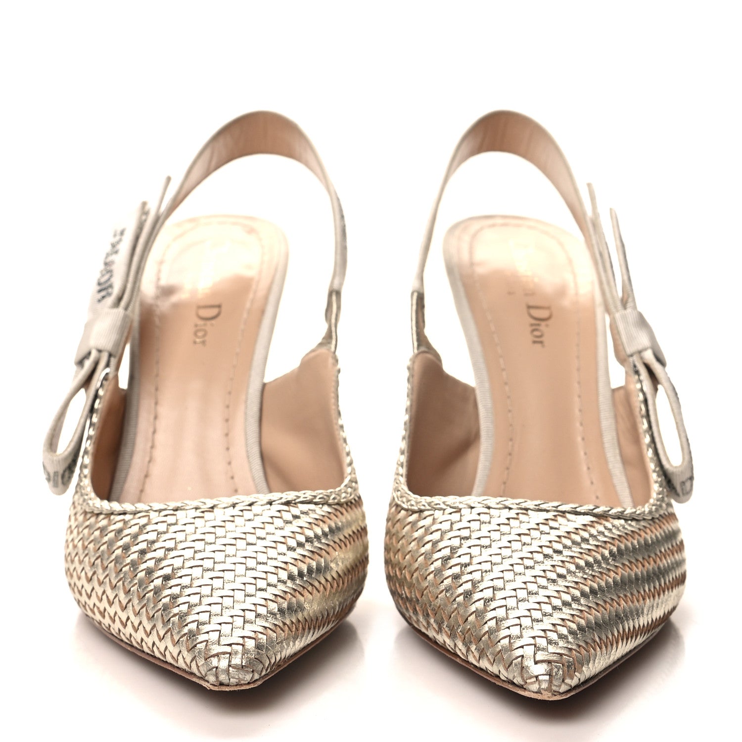 Christian Dior Laminated Calfskin Ribbon Crystal Woven J'Adior Slingback 100mm Pumps 40 Pale Gold 2 of 9