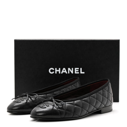 Chanel Aged Calfskin Quilted CC Cap Toe Ballerina Flats 37 Black 10 of 10