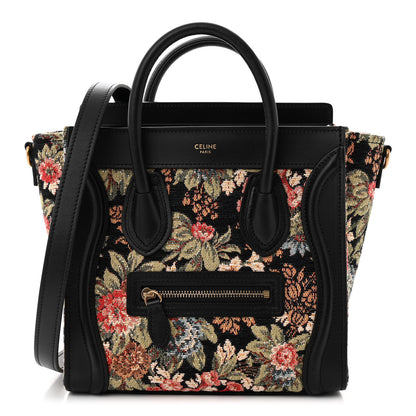 Celine Calfskin Lambskin Canvas Jacquard Floral Nano Luggage Black 1 of 11