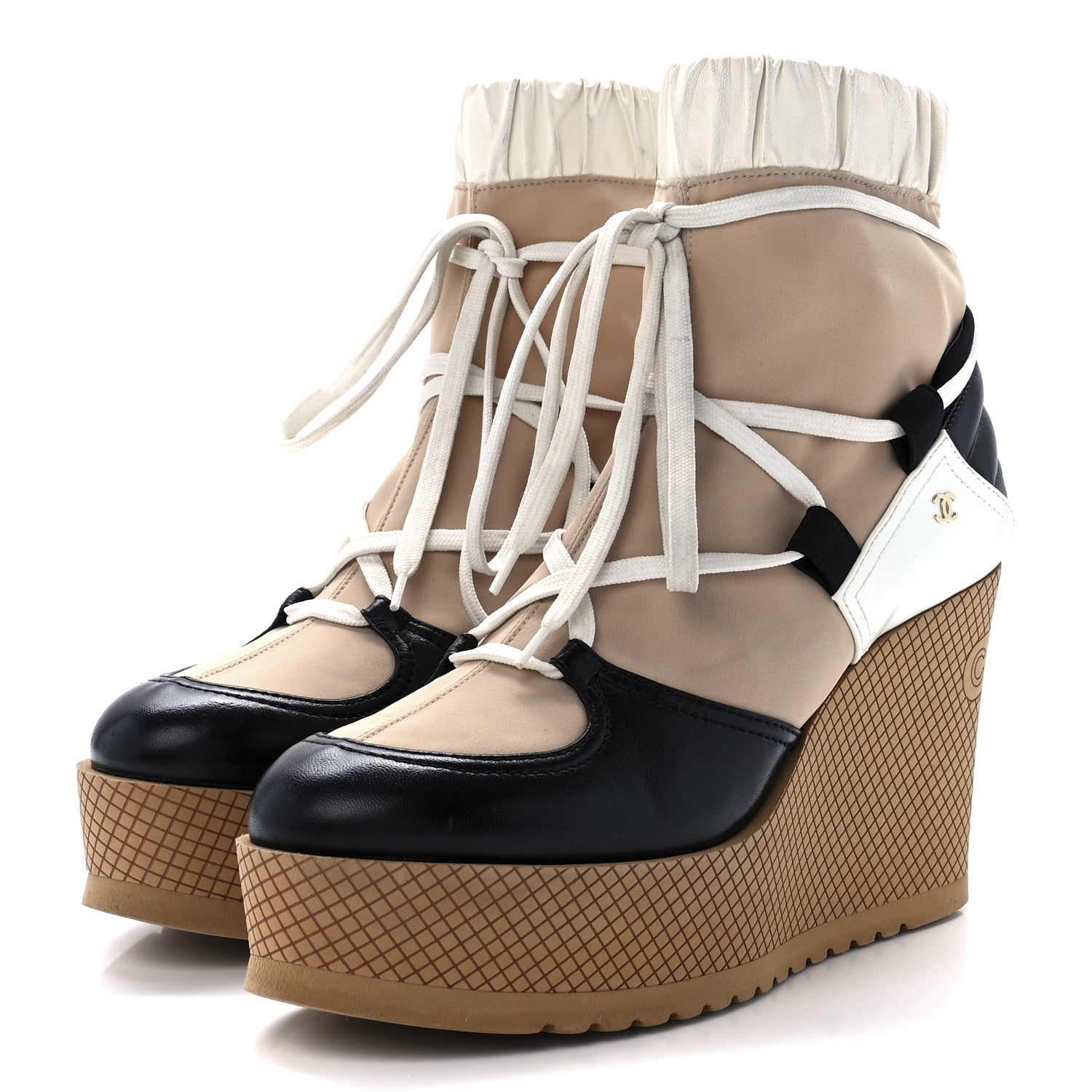 Chanel Patent Calfskin Runway Wedge Short Platform Boots 40.5 Black White Beige 3 of 7