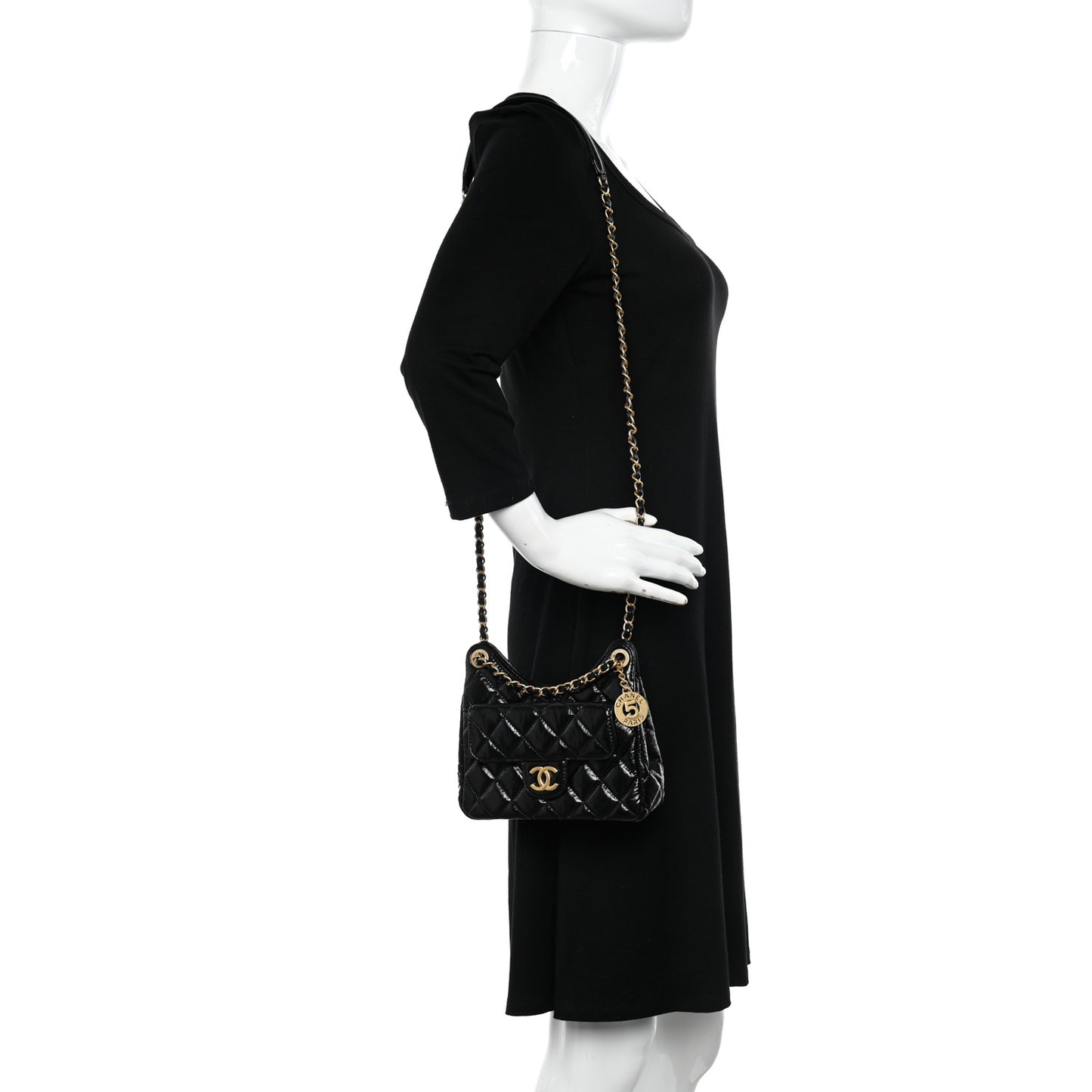 Shiny Crumpled Calfskin Quilted Small Wavy CC Hobo Black