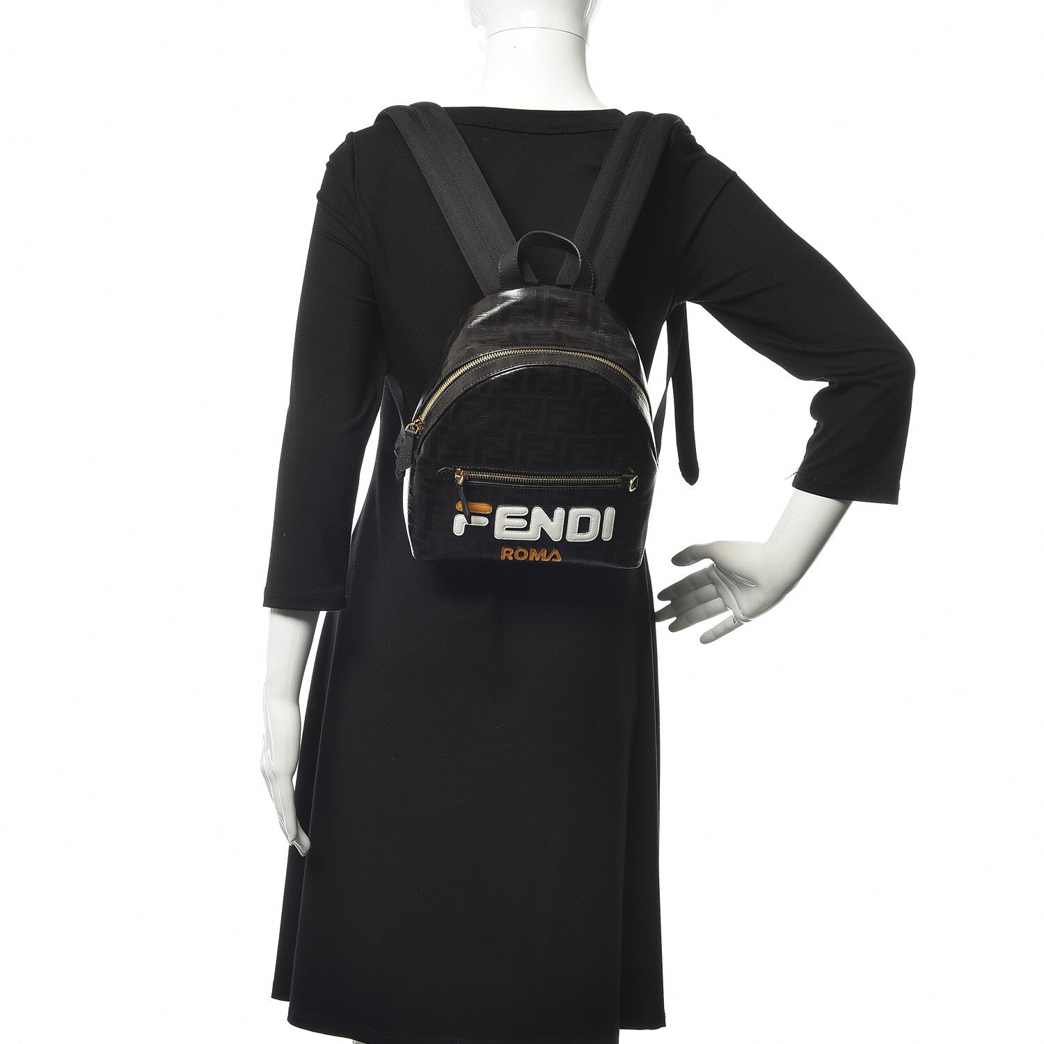 Fendi X FILA Glazed Fabric Vitello Century FF 1974 Mania Mini Backpack Black White 2 of 10