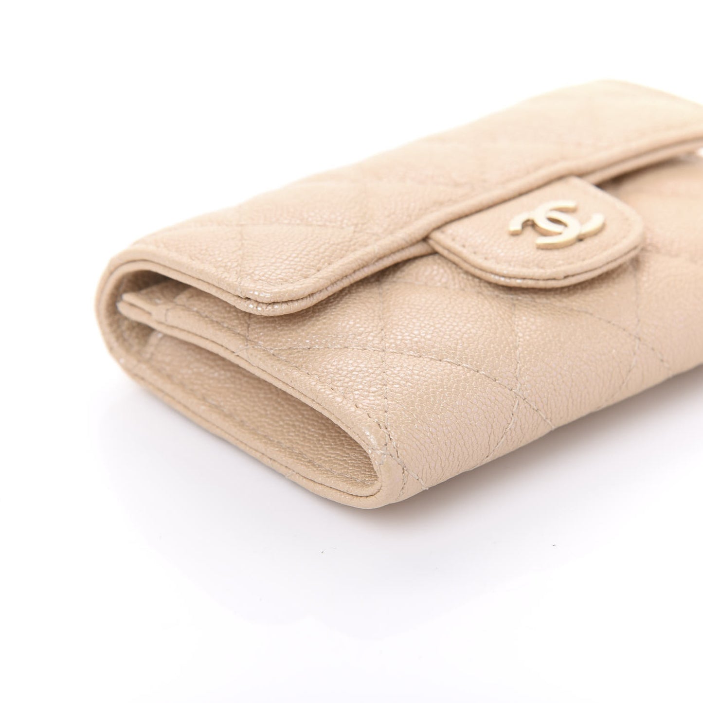 Iridescent Caviar Quilted Flap Card Holder Beige