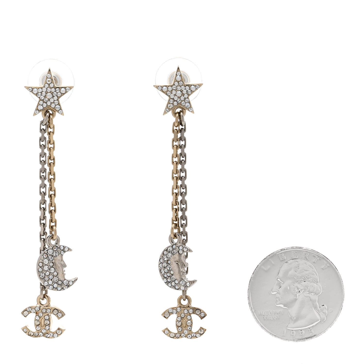 Chanel Crystal CC Star Moon Dangle Earrings Silver Gold 2 of 4