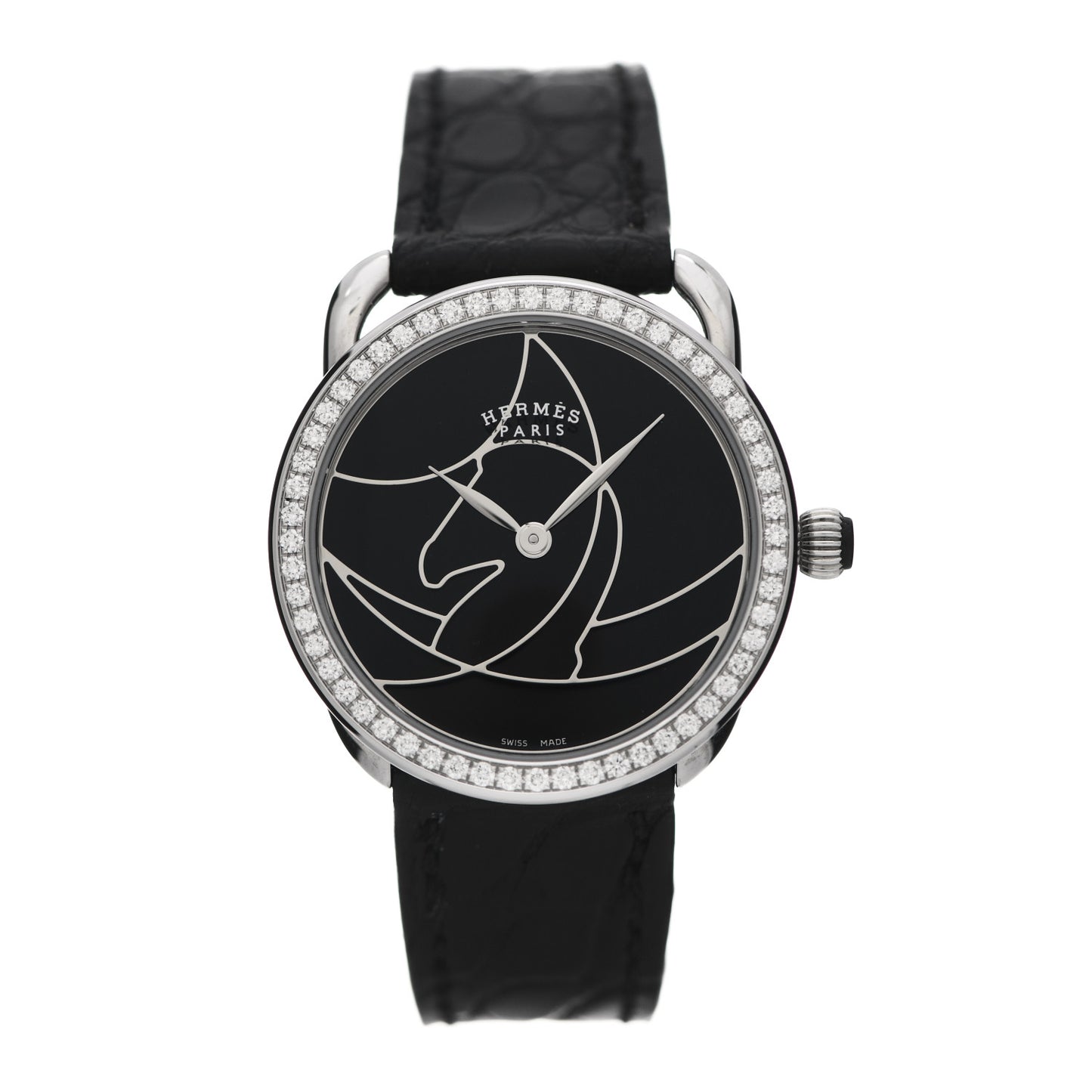 Stainless Steel Alligator Diamond 28mm Arceau Cavales Quartz Watch Noir