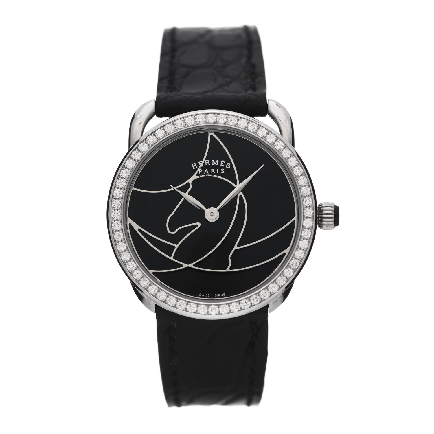 Hermes Stainless Steel Alligator Diamond 28mm Arceau Cavales Quartz Watch Noir 1 of 4